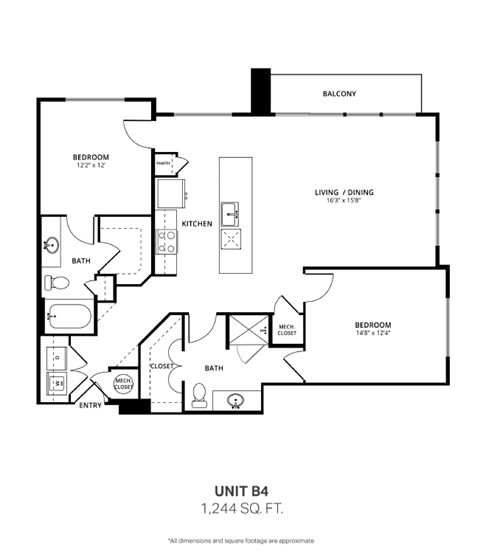 Floor plan for 2 beds, 2 baths, 1244 sqft